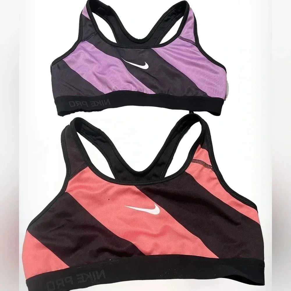Nike pro dri fit set of 2 sports bras pink/black with stripes &purple/black bra‎